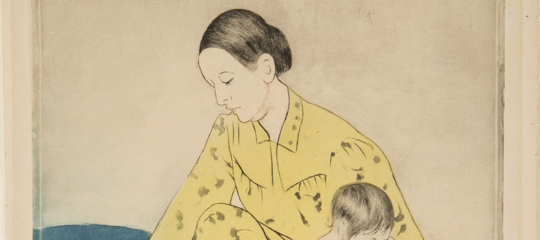 A print shows a dark-haired, light-skinned woman wearing a yellow dress and kneeling near a blue tub. Her right hand tests the water, and her left gently restrains a naked child who faces the opposite direction as if squirming away. Minimal shading flattens the space they occupy.