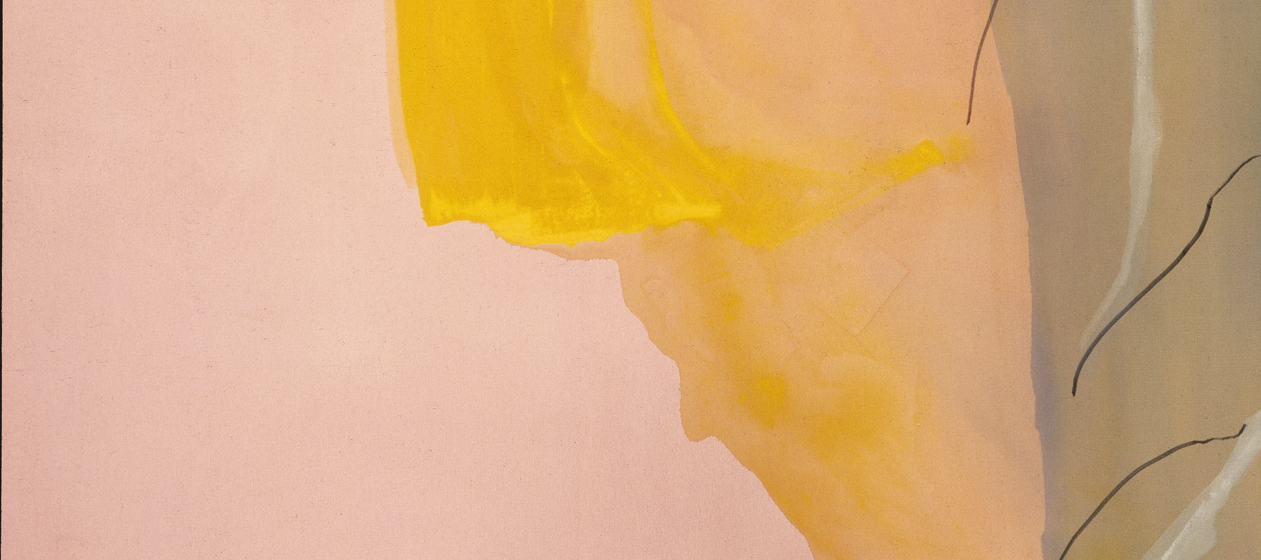 Large vertical painting in minimalist style features thinned pigments poured in translucent layers onto the unsized canvas. The abstract composition is dominated by a central ambiguous form in vibrant yellow-orange and peach, flanked by amorphous swaths of pale pink and a dark gray.