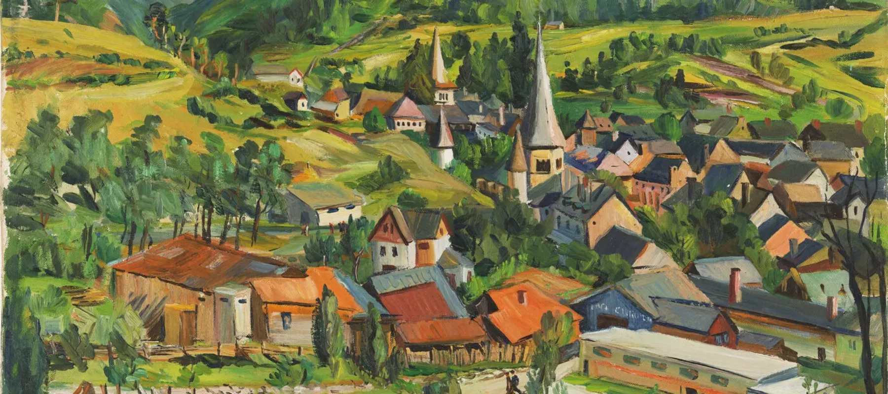 Painting of a village with a body of water in the foreground and green mountains in the backgroud. The village is a cluster of small houses with a few spires marking churches.