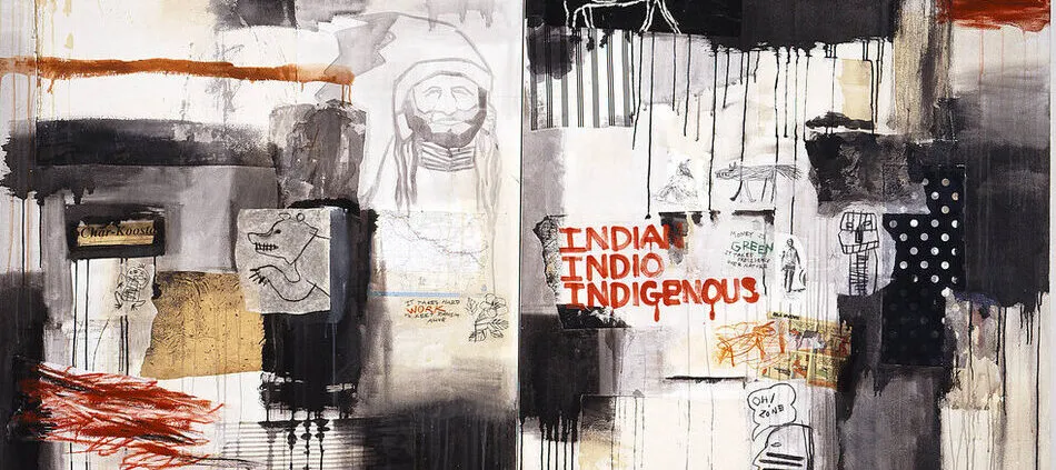 A horizontal canvas combines collaged paper, such as a scrap of a U.S. map, comic strip, and pictographs; cloth swatches; scrawled and dripped paint; and phrases like “It takes hard work to keep racism alive” and “Oh! Zone.” The work’s title appears in red paint right of center.