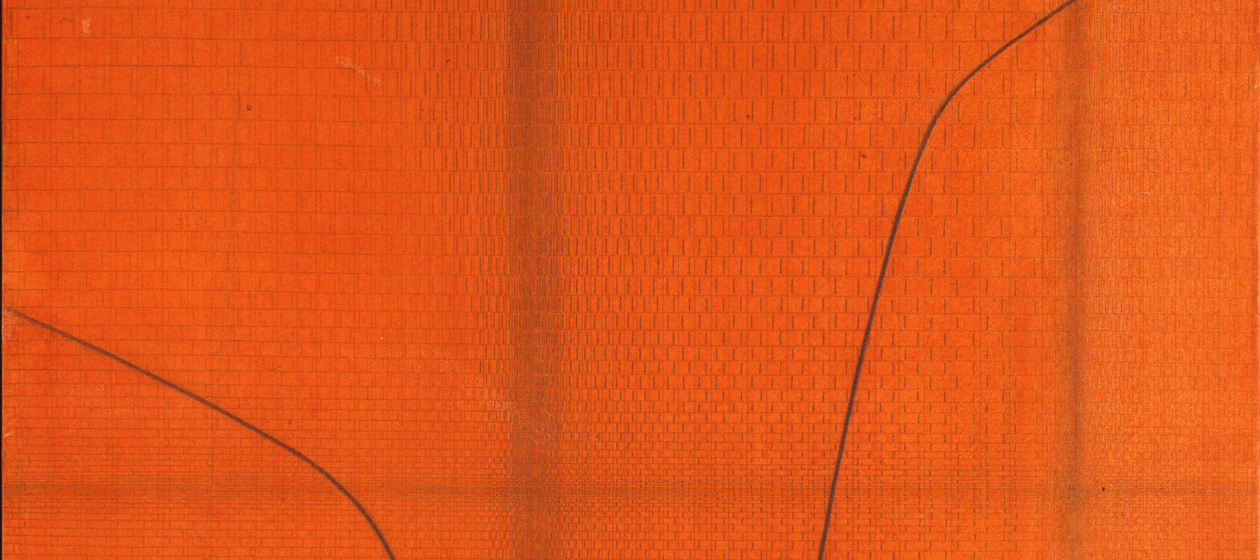 Bold orangey-red paint and pencil artwork with faint pattern like snakeskin. Two thin black lines curves toward the middle of the work from the right and left sides.