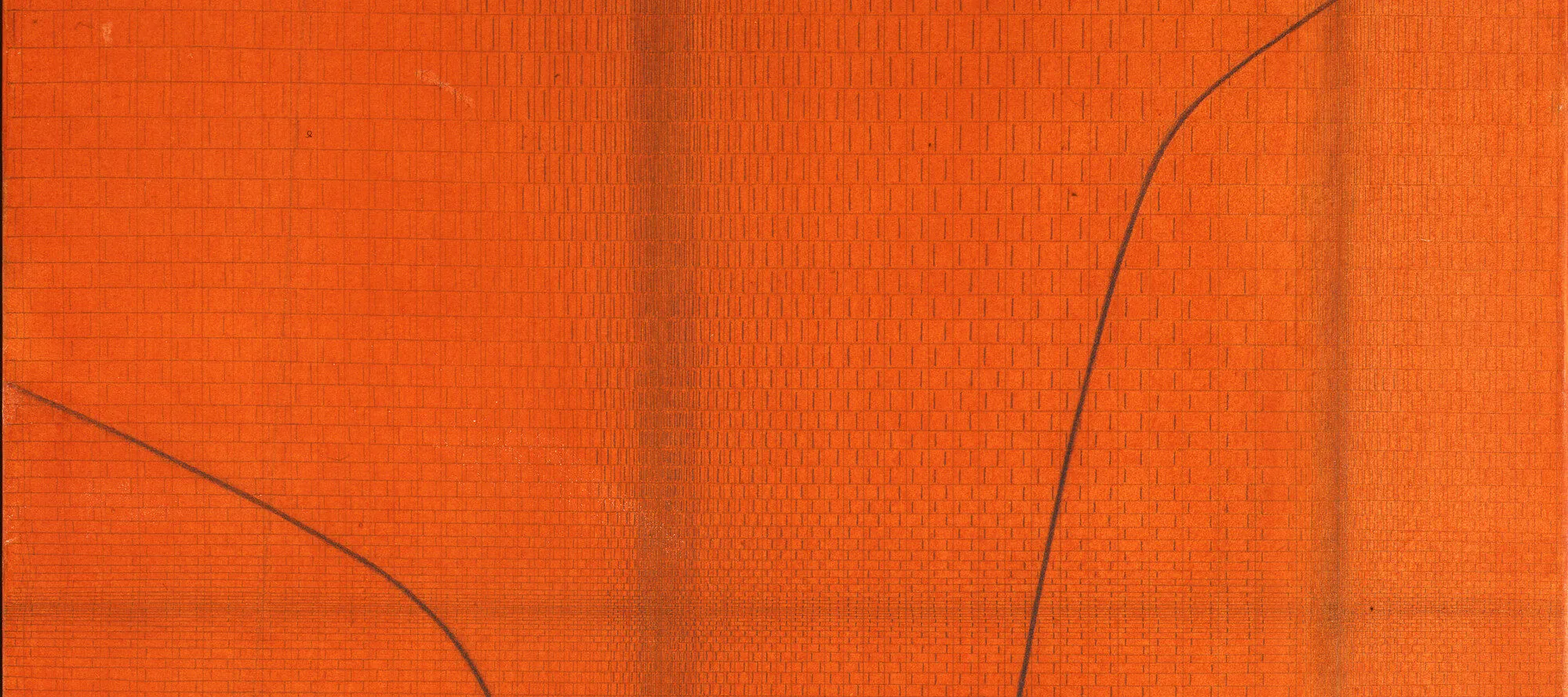 Bold orangey-red paint and pencil artwork with faint pattern like snakeskin. Two thin black lines curves toward the middle of the work from the right and left sides.