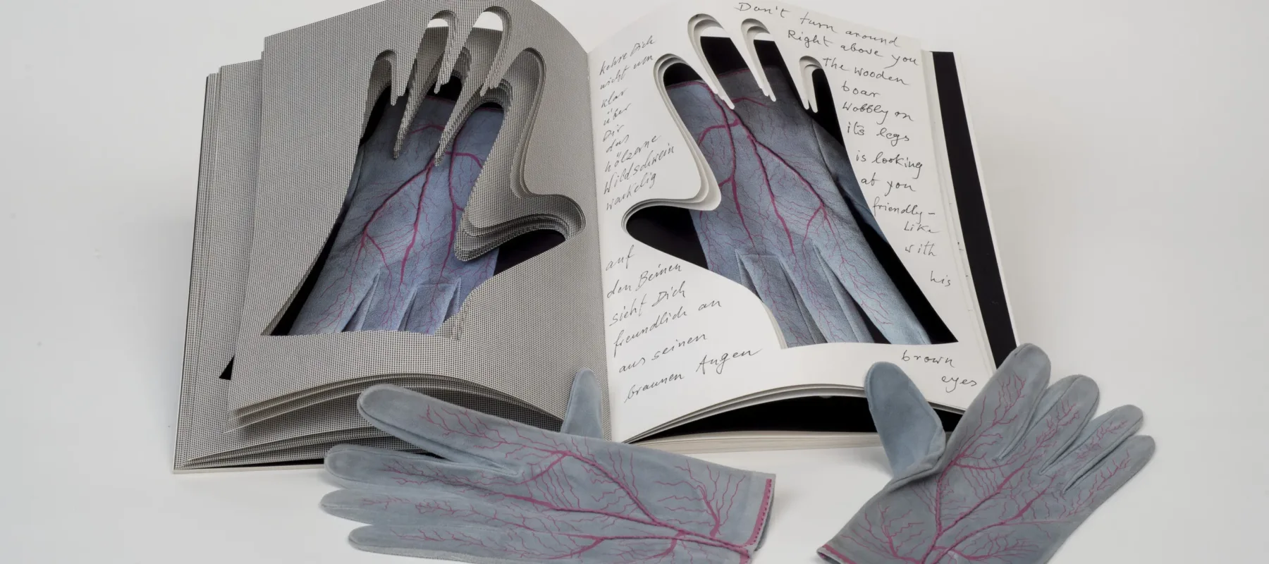 An open book into whose pages the shapes of hands have been cut. Gray gloves painted with red veins are visible through the cutouts. An identical pair of gloves rest next to the book.