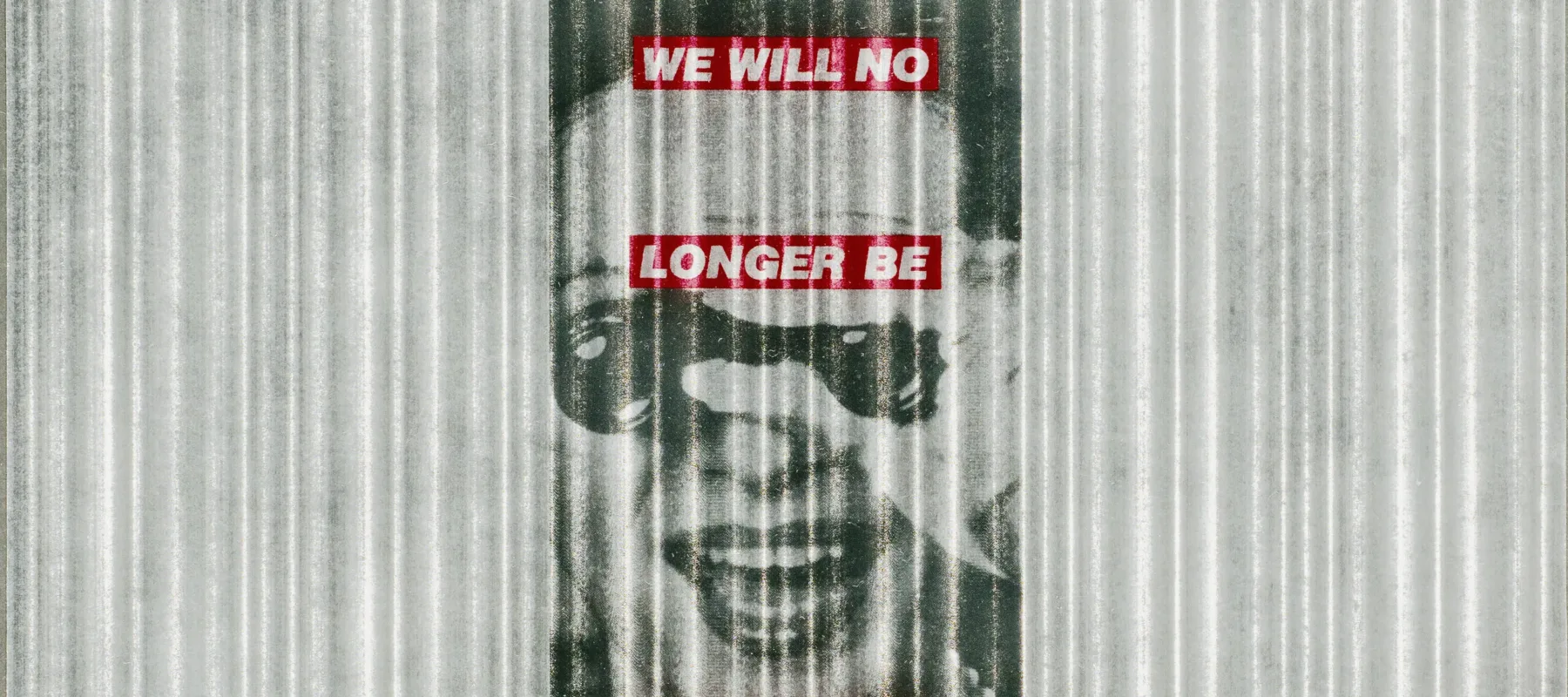 Black and white image of a light skinned woman in a pearl necklace and holding binoculars to her eyes, on a gray and white vertically striped background. Superimposed over the image are four red horizontal bands with 'We will no longer be seen and not heard' in white block letters.