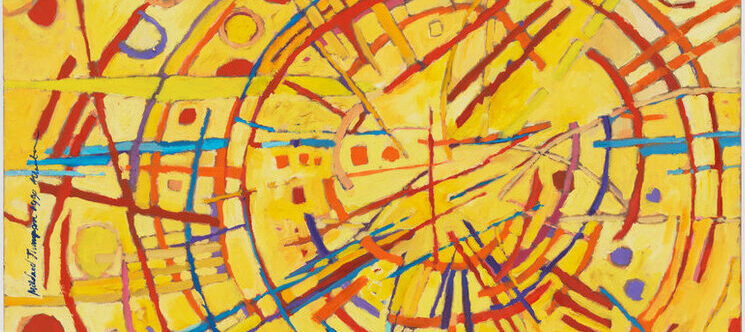 Abstract painting features a vivid yellow background covered by circles, daubs, and straight and wavy lines in red, orange, cobalt, sky blue, and violet. Arcing red strokes evoke concentric circles. Straight lines in other hues radiate out from the center circle like a starburst.
