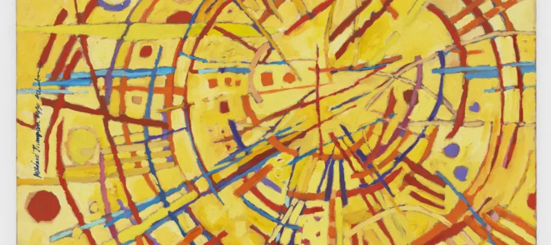 Abstract painting features a vivid yellow background covered by circles, daubs, and straight and wavy lines in red, orange, cobalt, sky blue, and violet. Arcing red strokes evoke concentric circles. Straight lines in other hues radiate out from the center circle like a starburst.