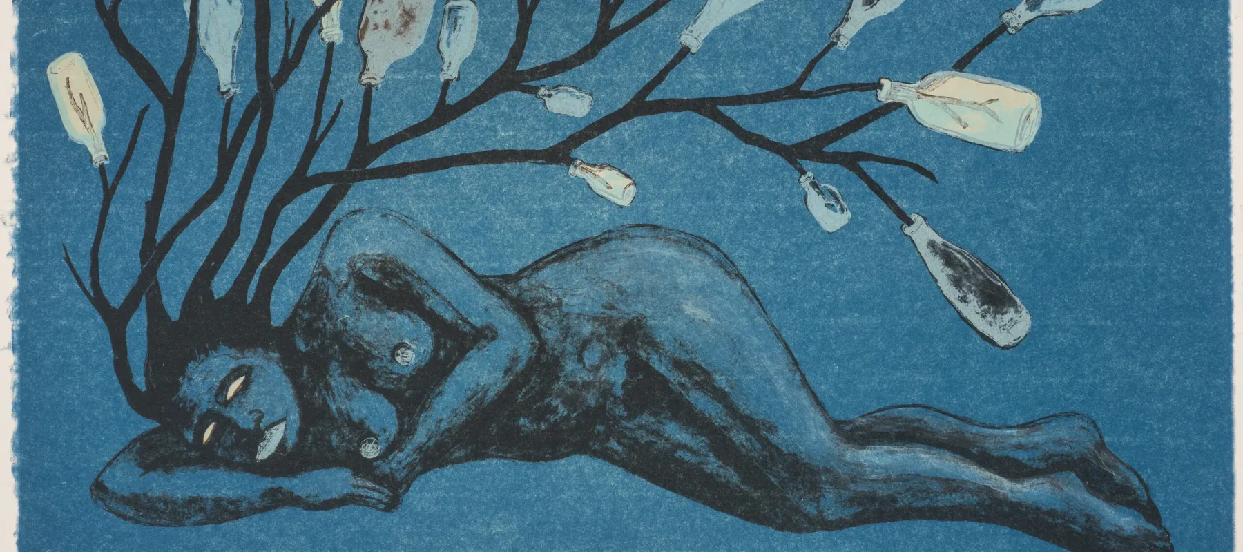 Lithograph print on a blue background portrays a nude woman laying horizontally across the length of the paper. In place of hair, a bottle tree appears to sprout from the figure’s head.