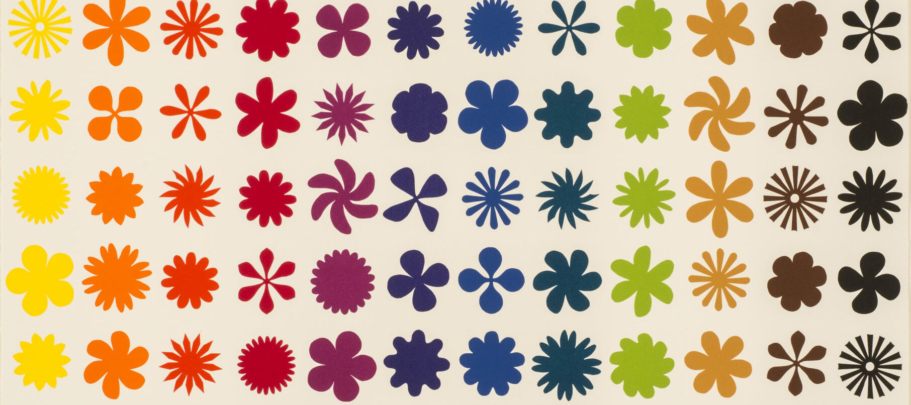 Twelve vertical columns—each a different color— of repeating flower, pinwheel, and starburst shapes on a white background.
