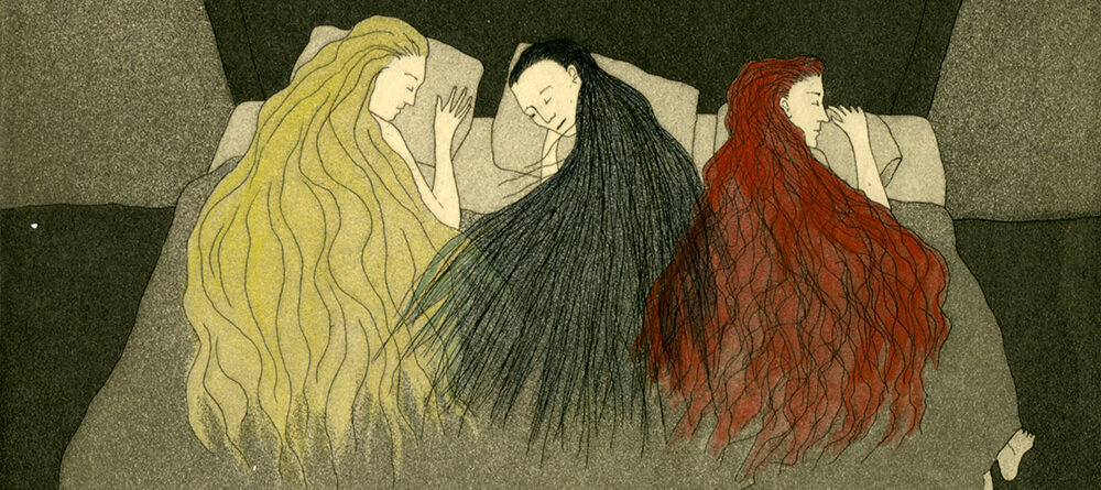 Illustrated print from a book shows three light-skinned women, lying side by side, asleep in a bed. The print is all in shades of grey except for the long hair of the women, depicted in yellow, red, and black, flowing atop the blanket under which they sleep.