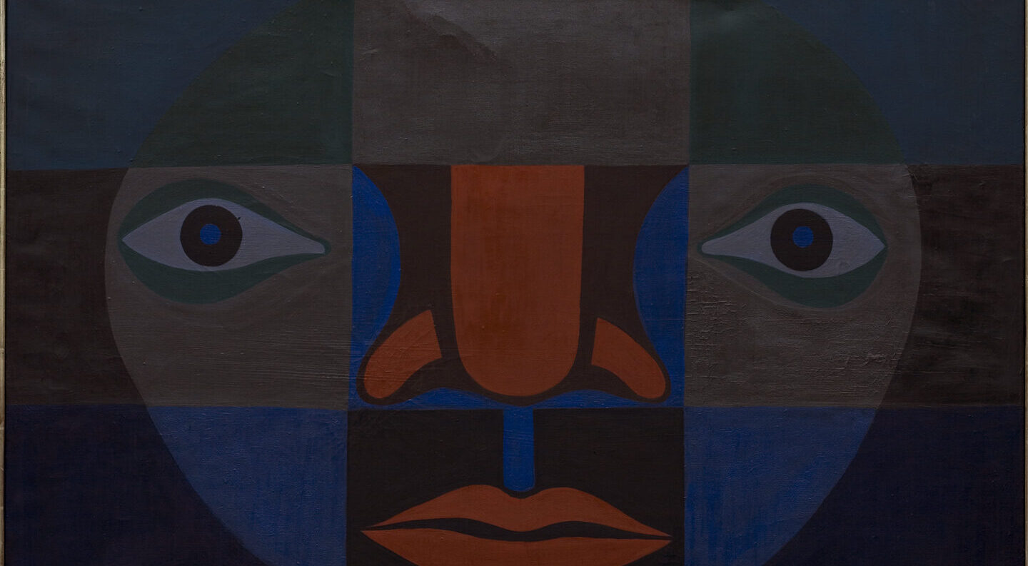 Divided into a grid of nine squares, this modernist painting depicts a stylized face with the eyes, nose, and mouth each consigned to separate squares. Solid-colored shapes in grays, muted blues, dark orange, black, and white are arranged to create the features of the face.
