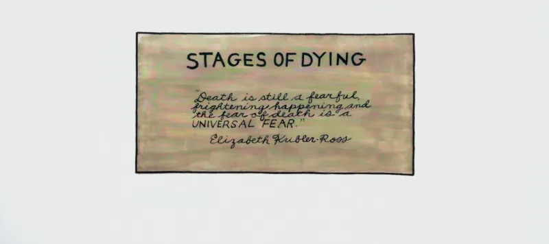 A painted sign with black text on a beige background. The text reads "Stages of Dying."