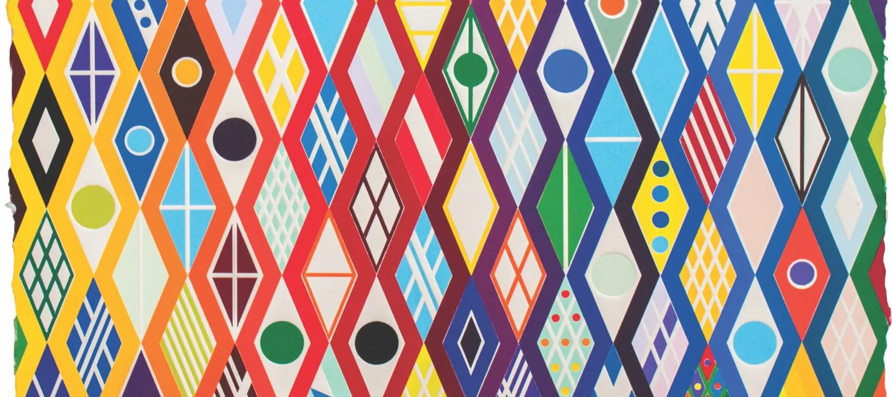 Multiple rhombus-shaped objects created by connected zig-zag lines in multiple colors fill the canvas. Each rhombus is filled with different colors, shapes, and patterns.