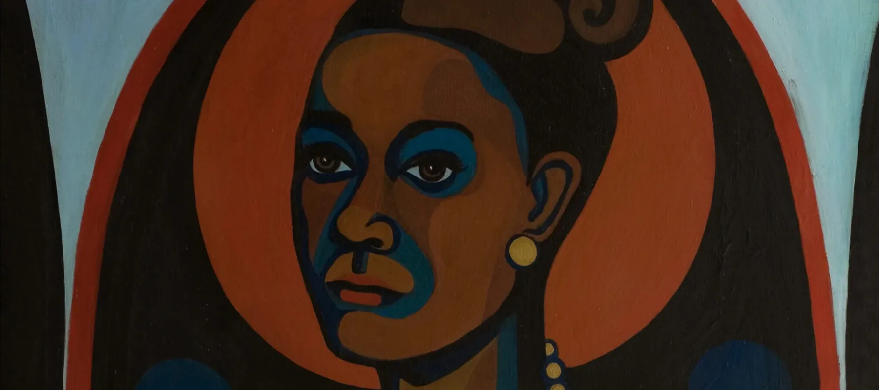 Modernist portrait of a dark-skinned woman with her hair styled in a 1960's updo, wearing pearl earrings and a pearl necklace. In a style akin to Cubism, solid-colored shapes in browns, blues, black and orange, are arranged to create the overall image.