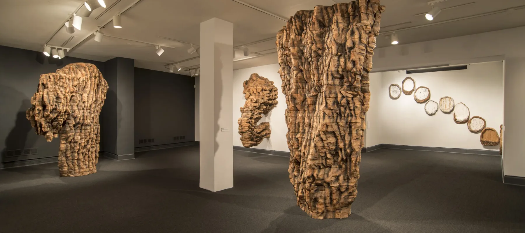 Installation view of <i>Ursula von Rydingsvard: The Contour of Feeling</i>; Pictured left to right: For Natasha (2015), SCRATCH II (2015), Krypta I (2014), ten plates (2018) (back wall); Photo by Lee Stalsworth