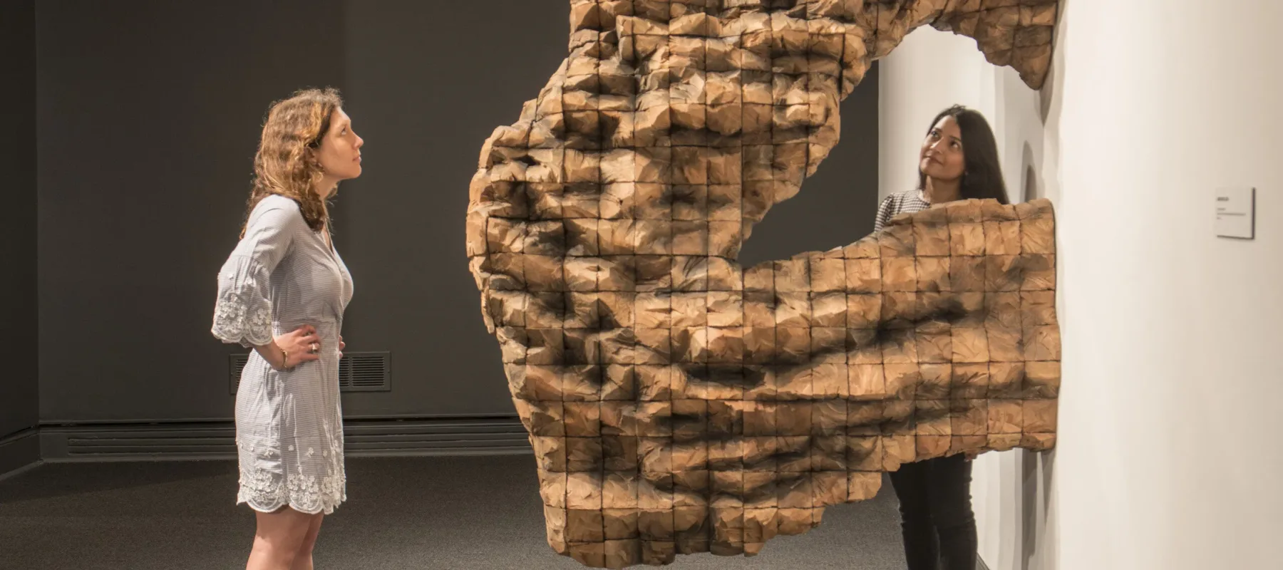 Two young adult women, one with light skin and one with medium-dark skin, gaze at a large cedar sculpture mounted to a wall. It bursts forward in a fluid, almost rippling arch away from the wall, as if defying gravity.