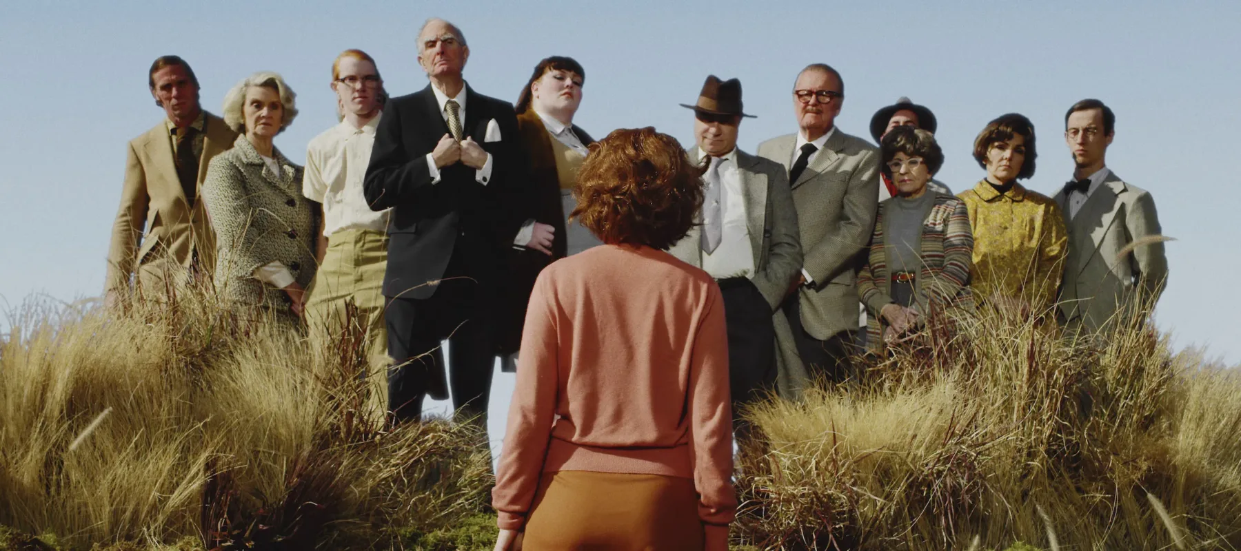 A color photograph of a woman with short red hair and pink cardigan, standing with her back to the camera in a field of tall yellow grass. She faces twelve men and women, who stand slightly elevated above her in a line and look pointedly at her.