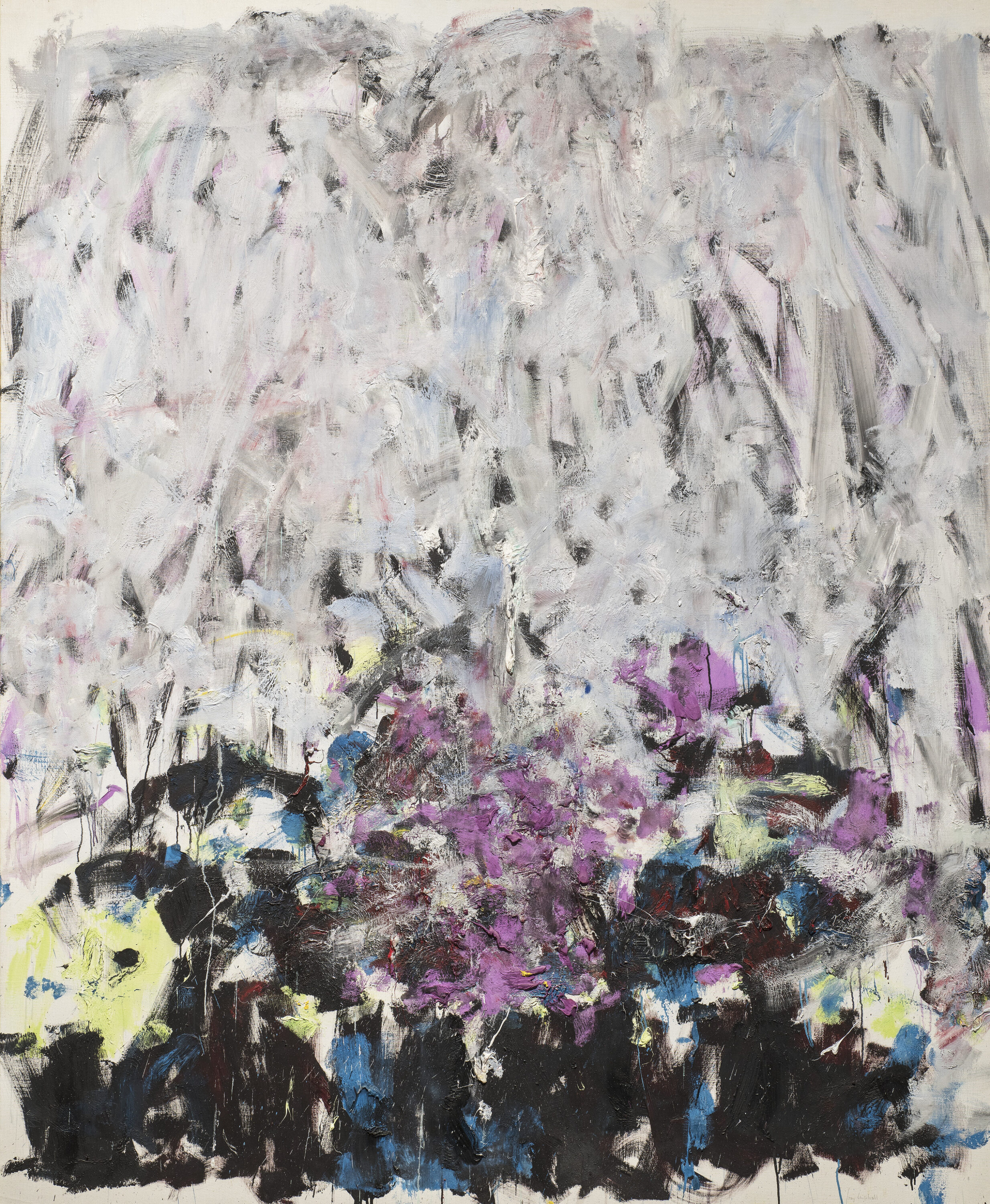 A vertical, abstraction features broadly painted strokes of pale gray, lavender, and cobalt in the upper two-thirds of the canvas. The colors continue in the lower third, along with touches of green, black, and other hues, but the expressive brushwork becomes denser and chaotic.