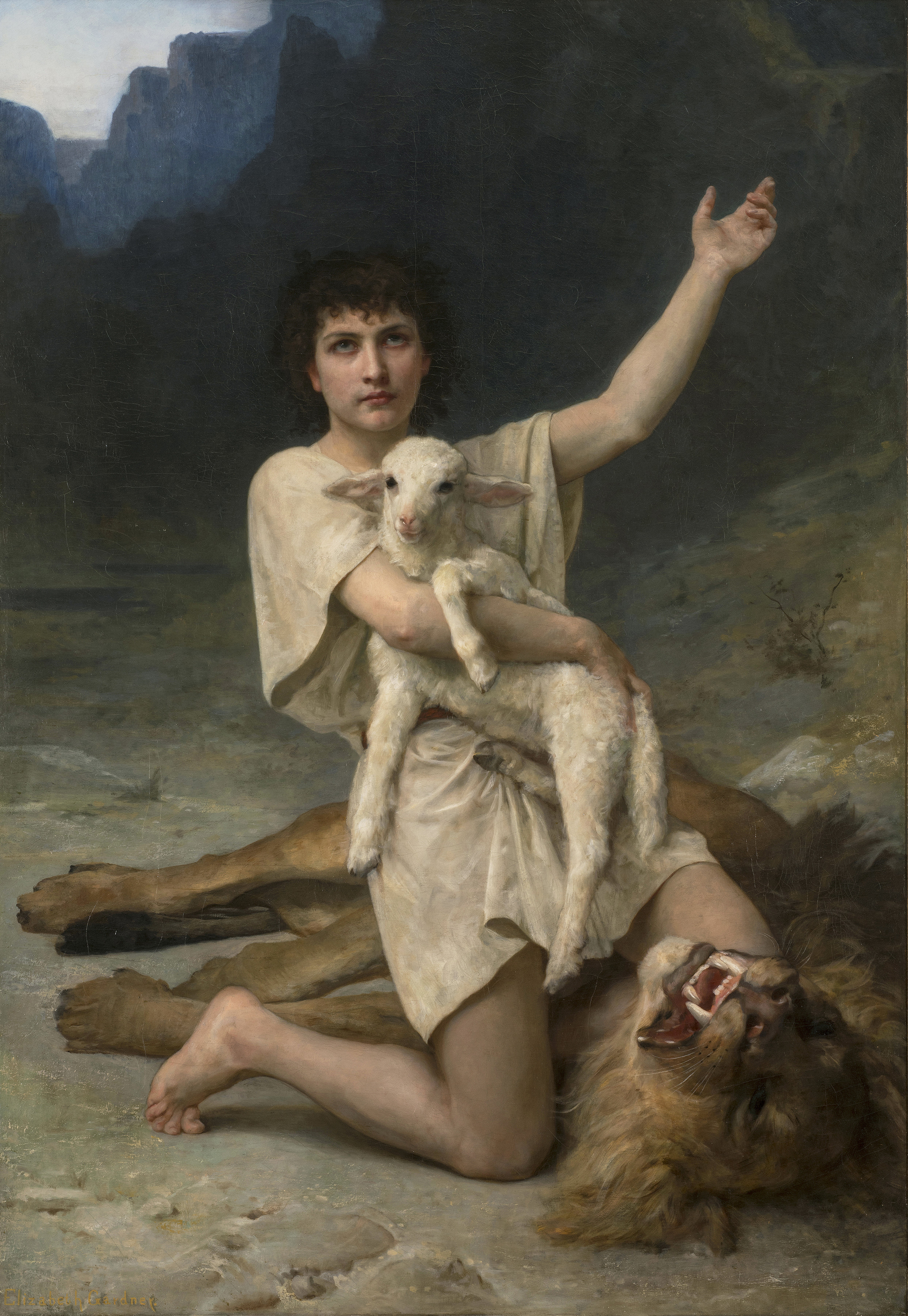 Realistic painting depicts a light-skinned young man with dark curly hair, wearing a white tunic, set before distant mountains. He is kneeling victoriously atop a fearsome dead lion, clutching a serene lamb his right arm and gesturing heavenward with his left arm.