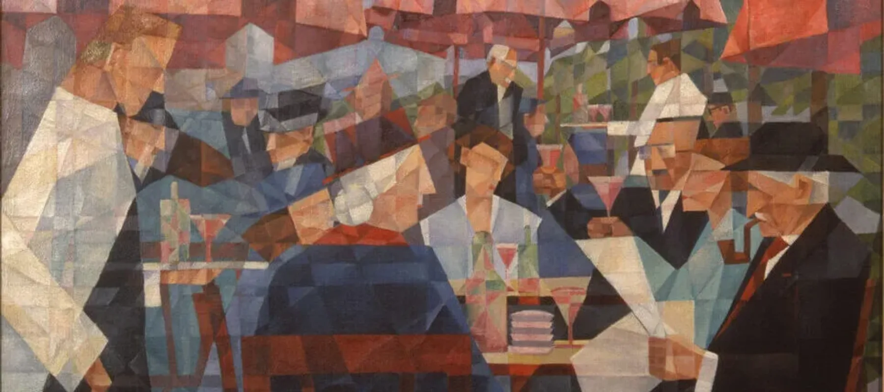 Painting, rendered in Cubist-style, is a kaleidoscope of colorful geometric shapes forming the elements of busy outdoor cafe scene. Waiters in white jackets serve patrons seated at tables shaded by large red sun umbrellas in the background.