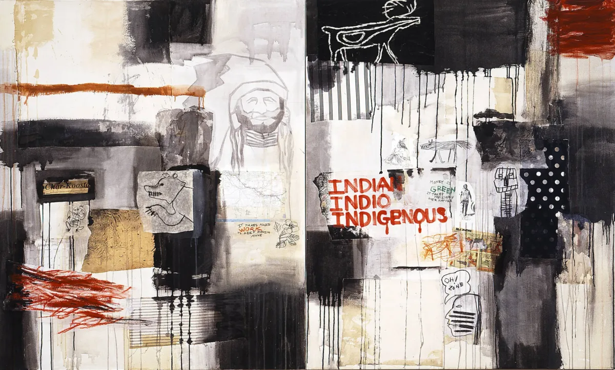 A horizontal canvas combines collaged paper, such as a scrap of a U.S. map, comic strip, and pictographs; cloth swatches; scrawled and dripped paint; and phrases like “It takes hard work to keep racism alive” and “Oh! Zone.” The work’s title appears in red paint right of center.