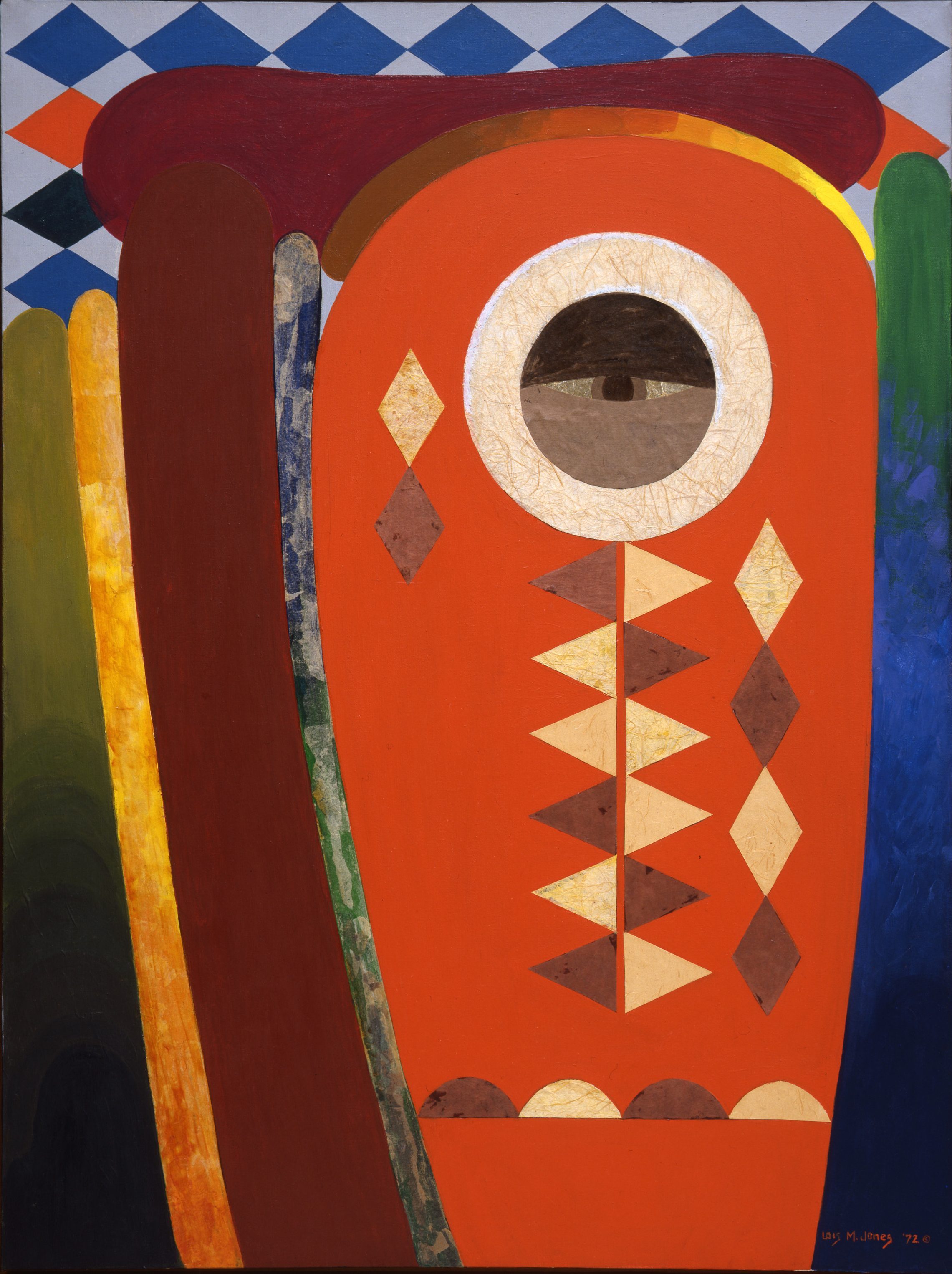 Semi-abstract composition in shades of blue, orange, yellow, green, grey, white and burgundy. In the center, an orange oval with a black and white eye in the center, supported by symmetrical strips of semi-circles and diamonds. Vertical blocks of color reach upwards on both sides.