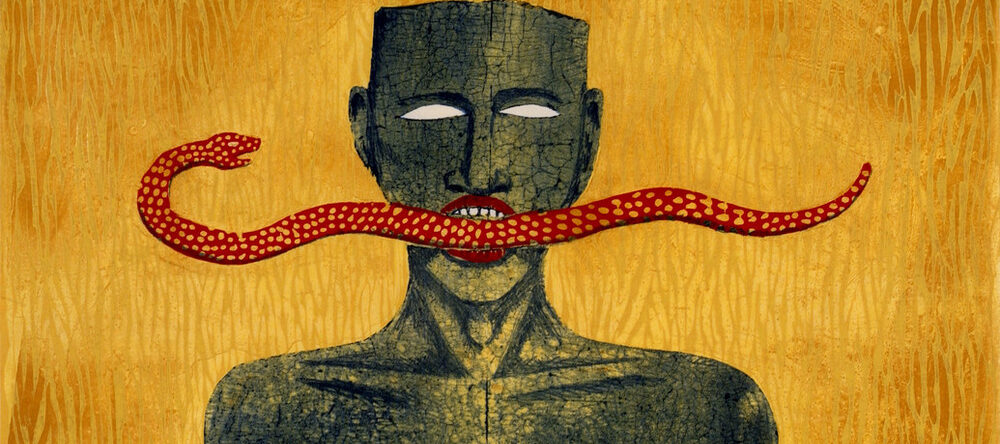 Bold print features a bust-length figure with blank, white eyes against a faux-wood and orange backdrop. The figure daringly holds a red snake between their white teeth and red lips that stretches out horizontally. The snake's head is turned to look back at the figure.