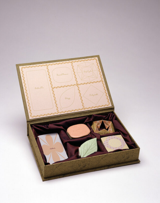 A green-gold box with its attached lid flipped open holds five objects shaped like candies resting on burgundy fabric. The inside of the lid displays outlines of each object, with the words "life cycle," "labyrinth," "elegy," "either/or," and "social graces" inside the outlines.