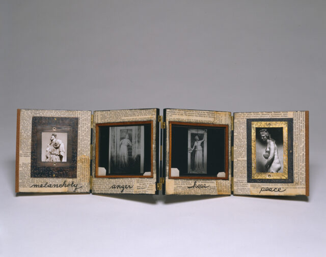 An open accordion-style book with four panels. On each panel is newsprint over which is a black and white photograph of a person. Under each figure is written, from left to right: melancholy, anger, hope, peace.