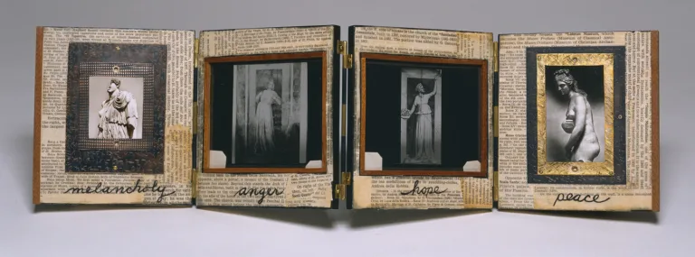 An open accordion-style book with four panels. On each panel is newsprint over which is a black and white photograph of a person. Under each figure is written, from left to right: melancholy, anger, hope, peace.
