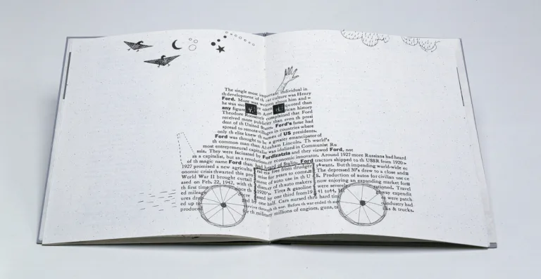 An open book with whimsical black line drawings of birds, stars, the moon, and a cart. The text and illustrations are creatively arranged on both pages, with some text following the shapes of the images.