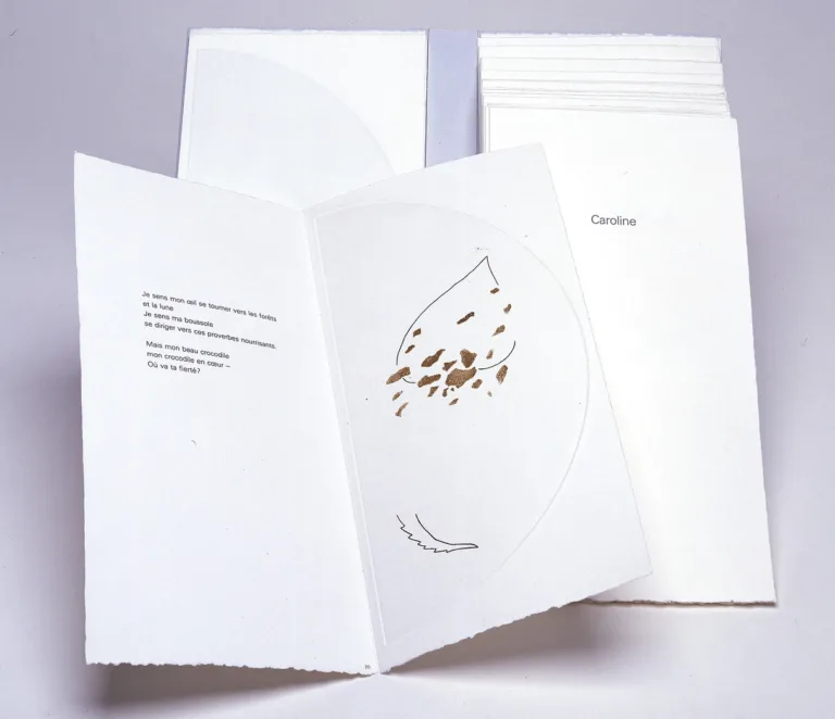 An open book with torn-edge white pages, showing text in French on the left and an abstract brown and black illustration on the right; other closed books or pages are stacked in the background.