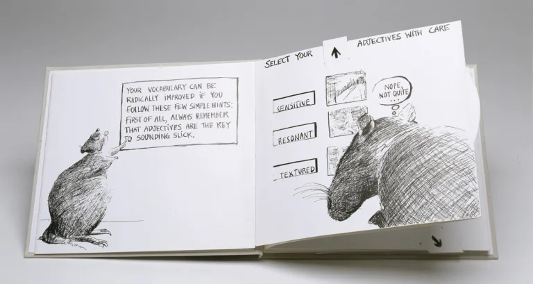An open sketchbook shows two pages with pencil drawings of rats. One rat points to a speech bubble about improving vocabulary with adjectives. The other page lists adjectives: "sensitive," "resonant," and "textured".