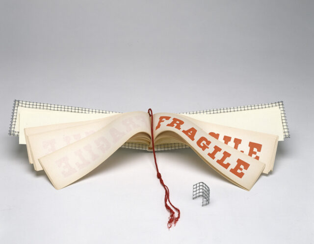 A wide and narrow book opened to display pages with the word FRAGILE in red block letters. A red tassel hangs down the center of the book and the cover is wrapped with wire mesh.