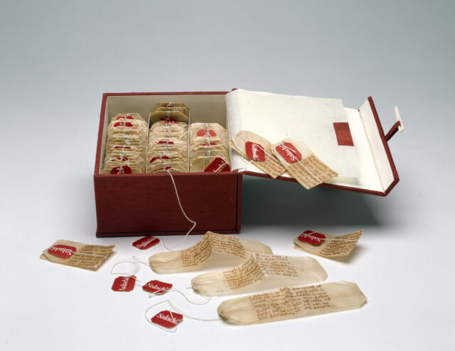 Three rows of tea bags are lined up in a red box. Spilling out of the box some tea bags are opened and have brown cursive writing on them.