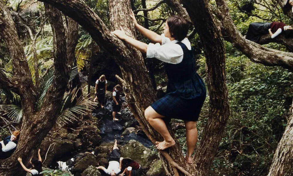 Color photograph of a dense forest with a light skin-toned girl with bare feet climbing a tree at center. Below her to the right is another light skinned girl sitting against the trunk of a tree. Other figures are scattered throughout the forest in the background.