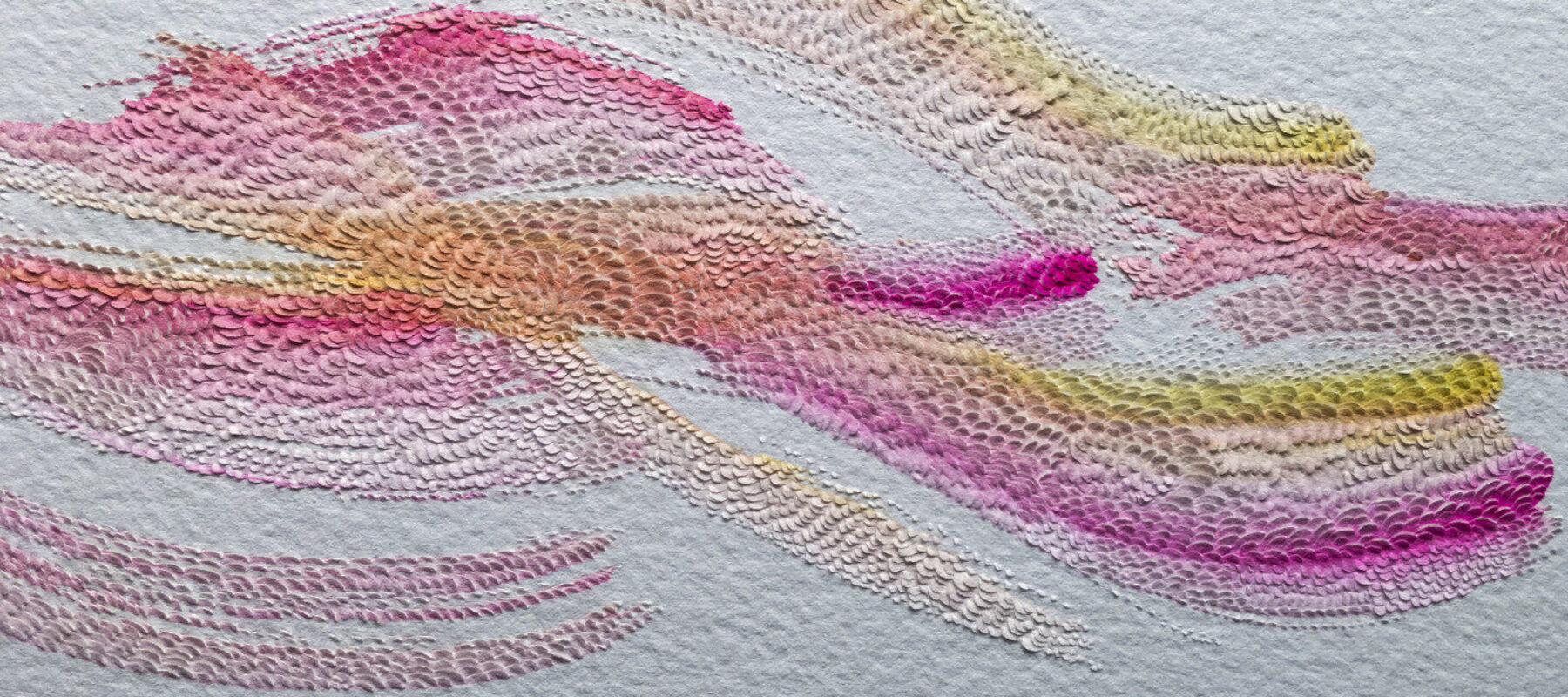 Vibrantly colored strokes of watercolor in shades of magenta, orange, and yellow, flow across white paper, giving the impression of waves.