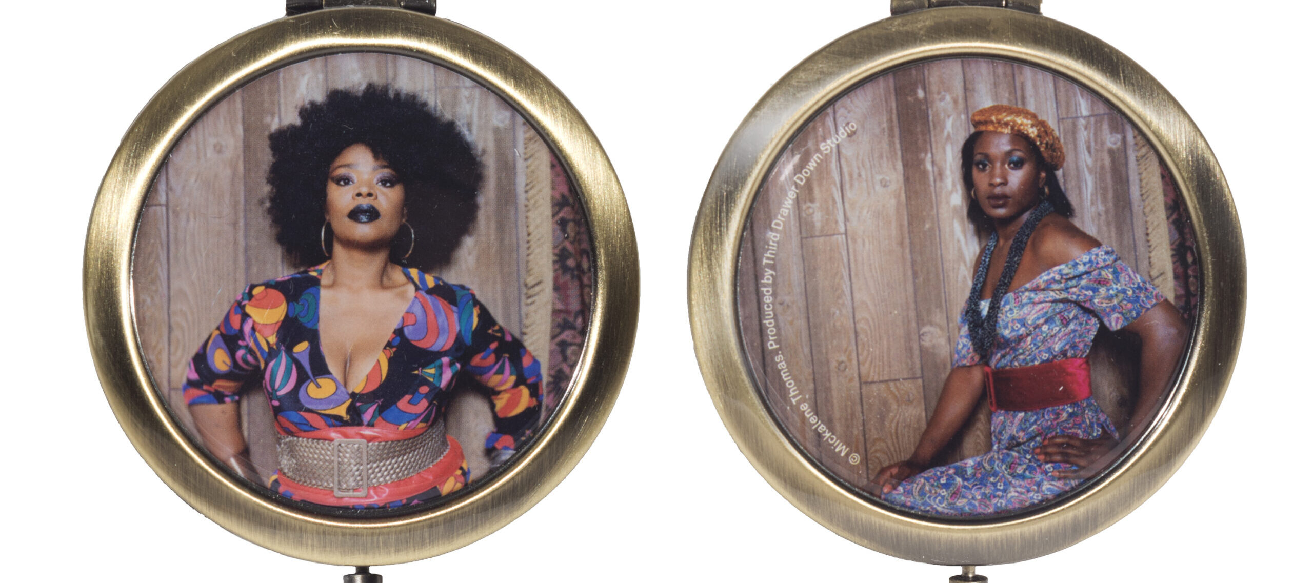Two sides of a compact mirror, each featuring a photographic portrait of a black woman.