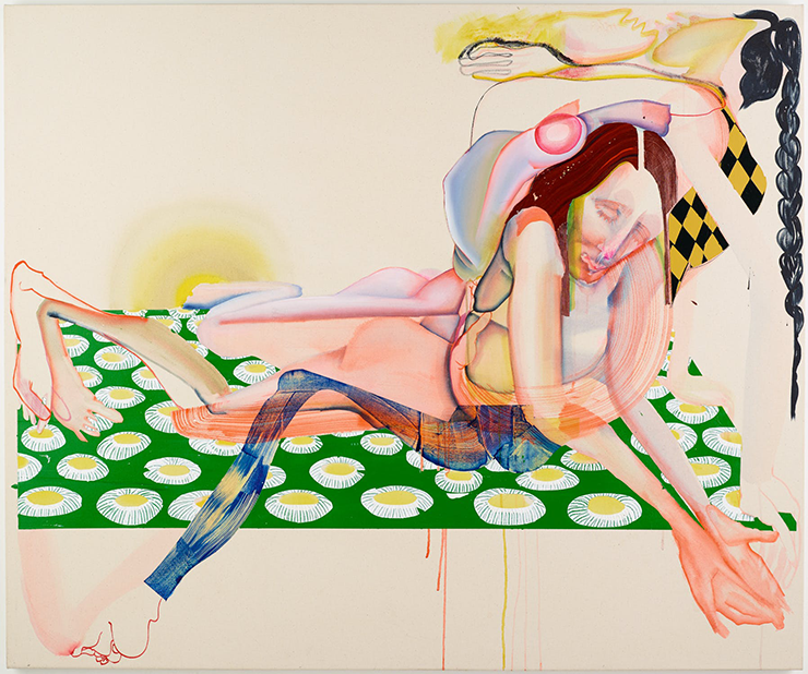 An elongated and abstracted female figure is painted in dreamlike pastel watercolors. She seems to be lying on her stomach on a rectangle of green and yellow patterned circles, propped up on her elbows and looking down at her cupped palms, which she holds out towards the viewer.