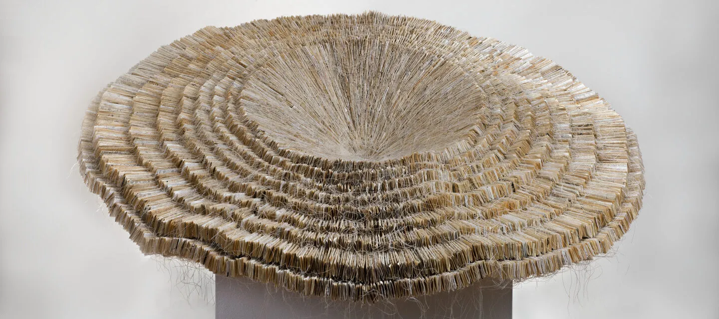 Sculpture made of layers of paper that opens like a forest mushroom.