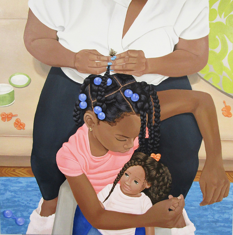 A young dark-skinned girl sits on the ground between the legs of a dark-skinned woman, who sits in a chair while braiding the girl’s hair. The girl drapes her arm over the woman’s knee and cradles the dark-skinned doll in her lap. Their body language suggests routine and comfort.