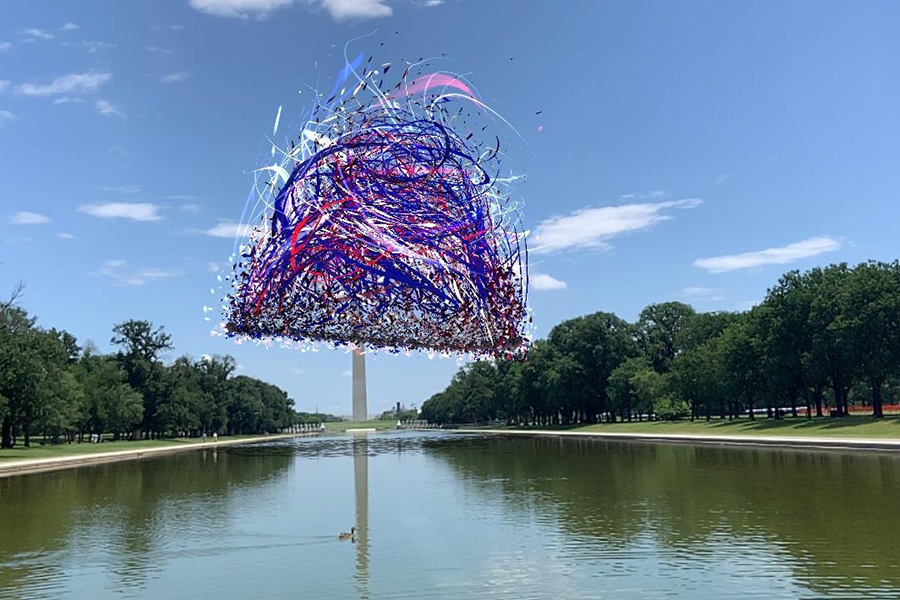 A red, white, and blue mass of swirling, gestural lines roughly forms the shape of a large bell. The graphic floats against a blue sky above a long, artificial pool; the white obelisk of the Washington Monument stands in the background, obscured by the floating drawing.