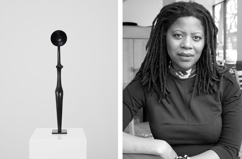 In the right image, a black sculpture rests on a white podium. It is the slender, stretched figure of a woman, with smooth hips, protruding breasts and a concave circular disc in the place of the head. In the left image, a dark-skinned woman with shoulder/length dreadlocks smiles calmly in a black-and-white portrait.