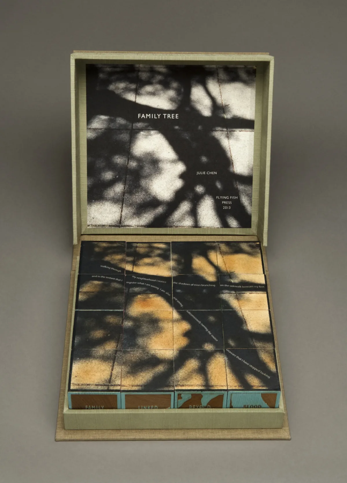 A box sits open revealing 16 cubes arranged in a square to show an orange and black photograph of tree branches. Inside the box lid is the same photograph in black and white, and the words "FAMILY TREE," "JULIE CHEN," and "FLYING FISH PRESS 2013."