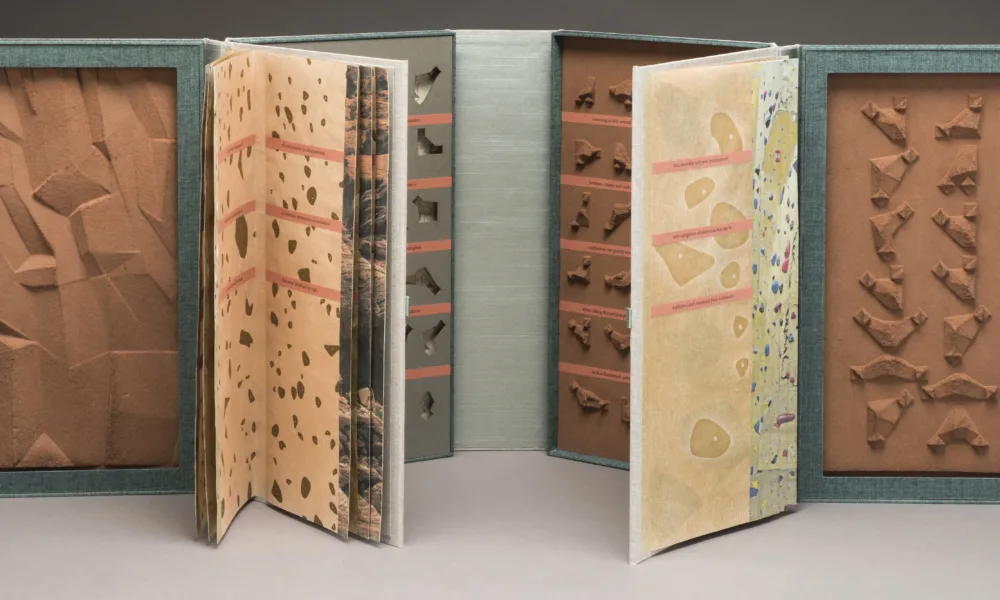 An open artist’s book resembling two open books connected end to end. The four inner cover panels feature small sculpted brown shapes, small indented shapes, and a rocky-looking panel. The two groups of pages feature different patterns that resemble rock climbing walls.