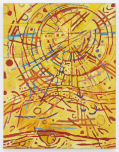 Abstract painting features a vivid yellow background covered by circles, daubs, and straight and wavy lines in red, orange, cobalt, sky blue, and violet. Arcing red strokes evoke concentric circles. Straight lines in other hues radiate out from the center circle like a starburst.