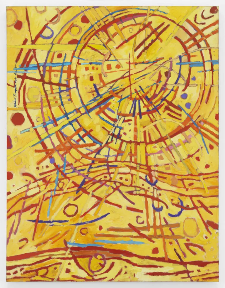 Abstract painting features a vivid yellow background covered by circles, daubs, and straight and wavy lines in red, orange, cobalt, sky blue, and violet. Arcing red strokes evoke concentric circles. Straight lines in other hues radiate out from the center circle like a starburst.