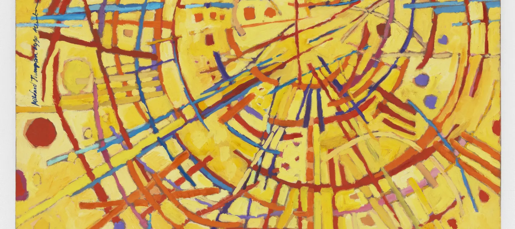 Abstract painting features a vivid yellow background covered by circles, daubs, and straight and wavy lines in red, orange, cobalt, sky blue, and violet. Arcing red strokes evoke concentric circles. Straight lines in other hues radiate out from the center circle like a starburst.