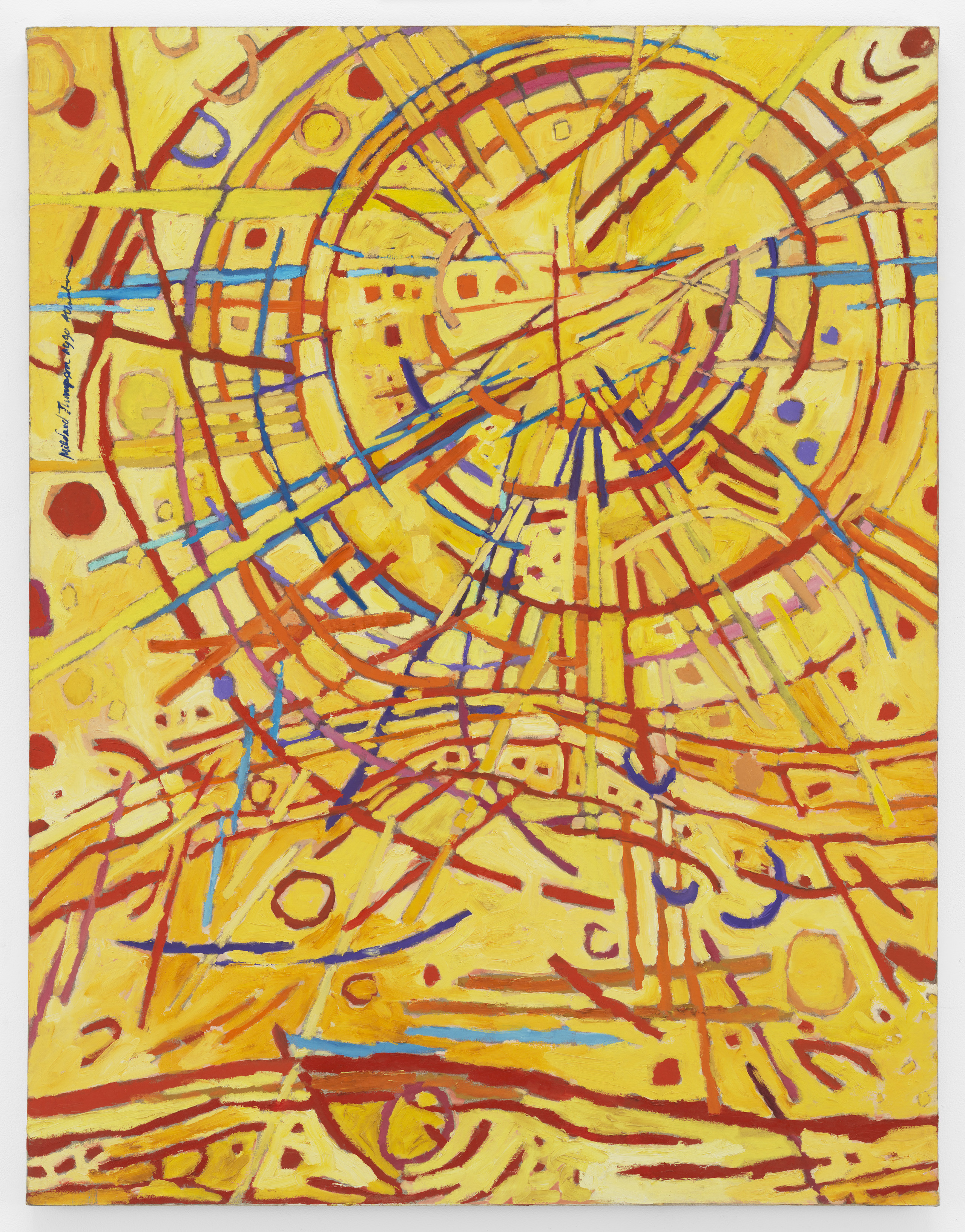Abstract painting features a vivid yellow background covered by circles, daubs, and straight and wavy lines in red, orange, cobalt, sky blue, and violet. Arcing red strokes evoke concentric circles. Straight lines in other hues radiate out from the center circle like a starburst.