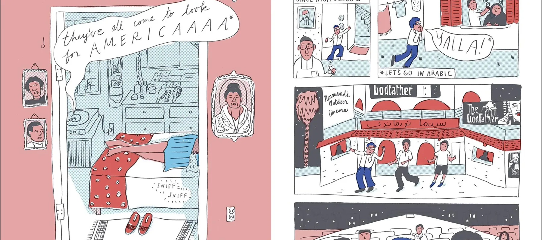 Loosely drawn comic panels in shades of red, white, blue, and black depicting a young woman lying on a bed listening to a record player singing "they've all come to look for AMERICAAAA" and a young man calling to his friends in Arabic to come see a showing of "The Godfather" at a cinema.