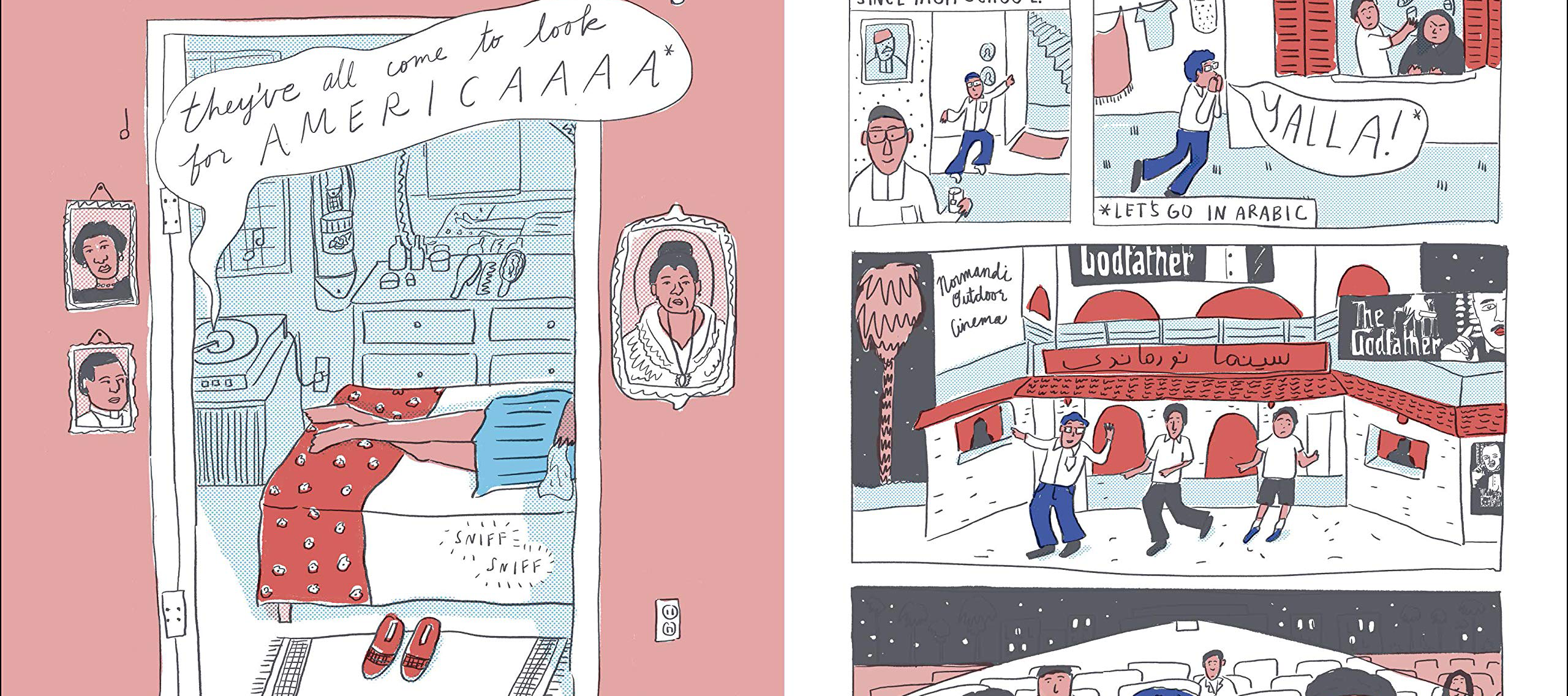Loosely drawn comic panels in shades of red, white, blue, and black depicting a young woman lying on a bed listening to a record player singing 